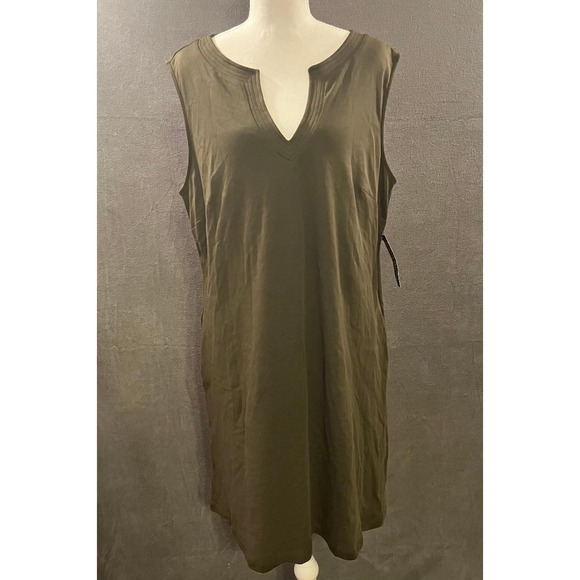 New York & Company Dresses & Skirts - NWT New York & Company Olive Green Cotton Sleeveless Split Neck Shift Dress XL